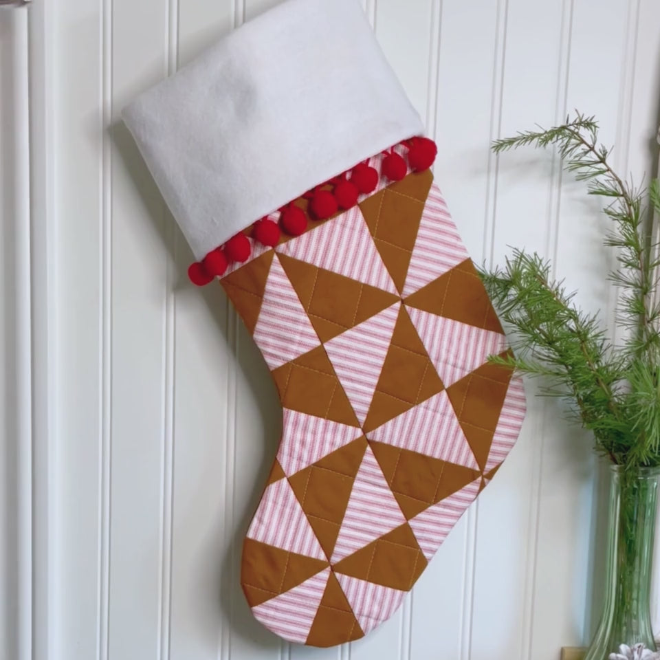 Handmade Christmas Stocking - Gingerbread Poms & Stripes