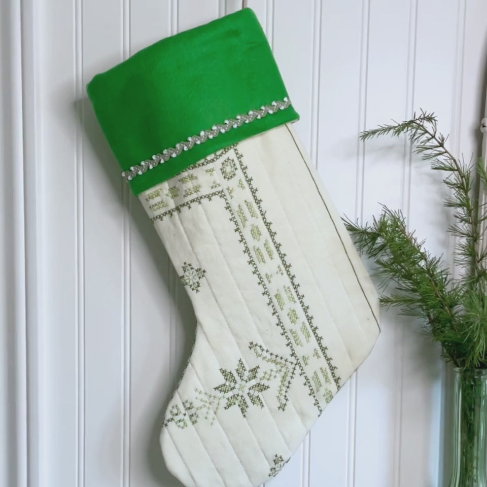Handmade Christmas Stocking - Vintage Cross-Stitched in Green